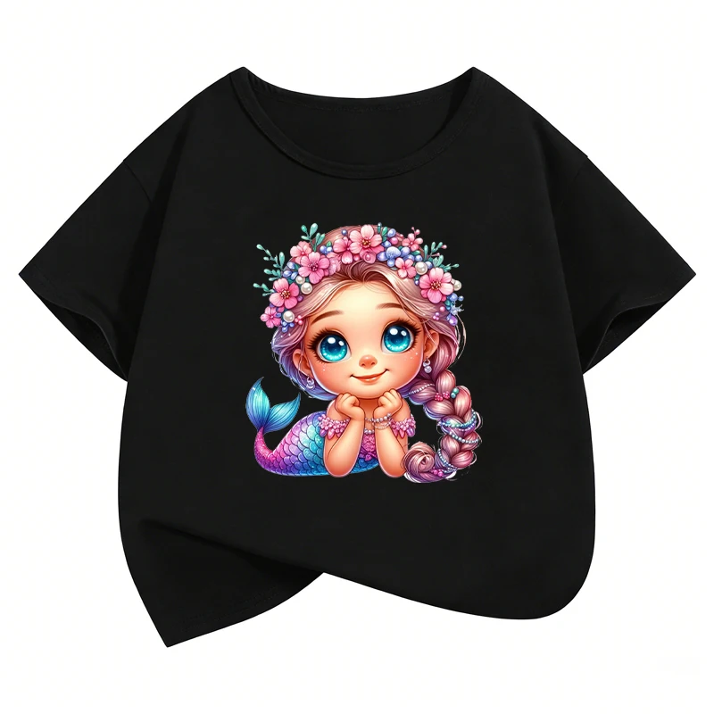 Fashion Fish with Flower Design T-Shirt Printed T Shirt Girls' Summer Clothes Short Sleeve Tops T-Shirts Cute Girls Clothing