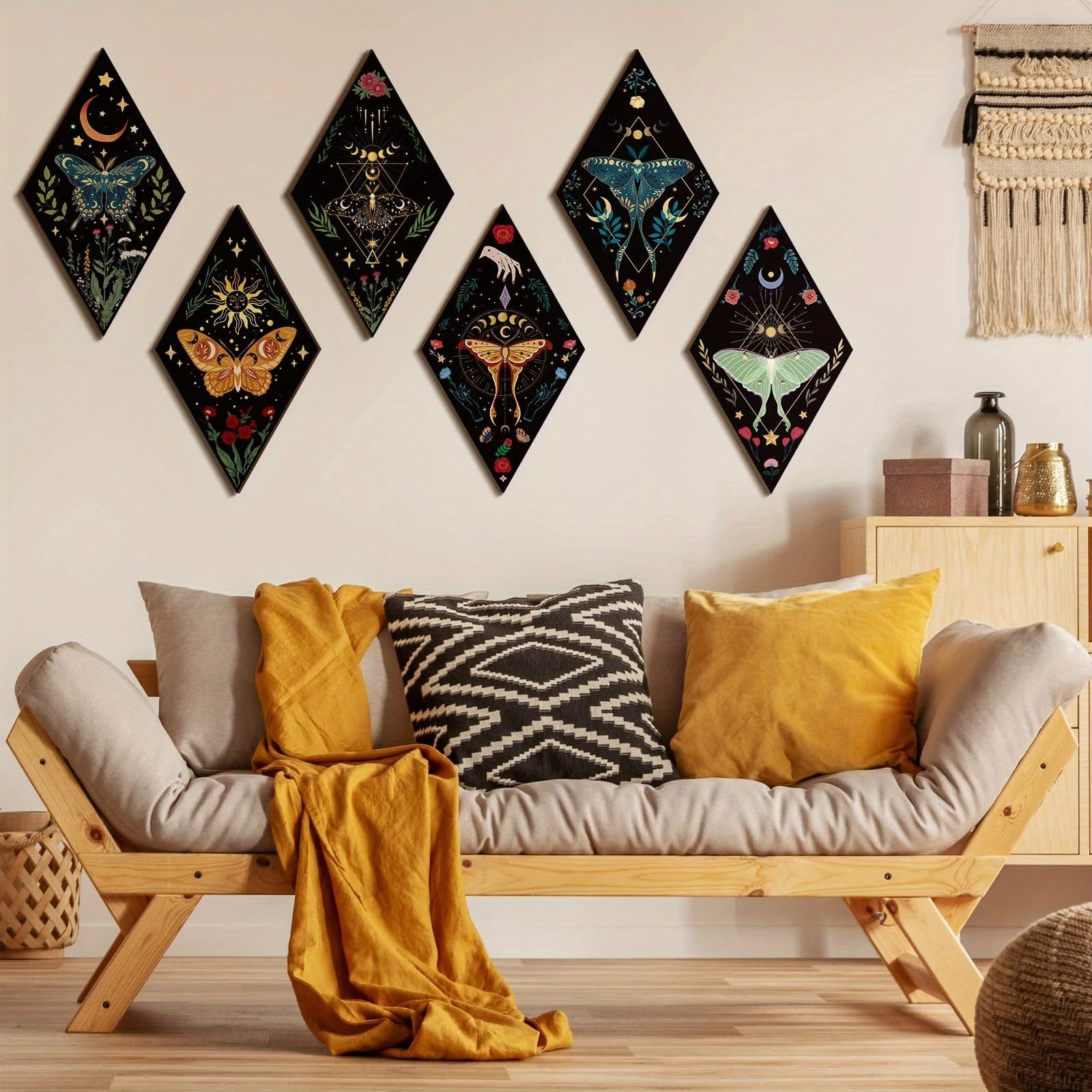 3/6pcs Diamond-Shaped Wooden Wall Pendants with Butterfly Elements Bohemian Style Flat 2D Decorative Hanging Shower Living Room