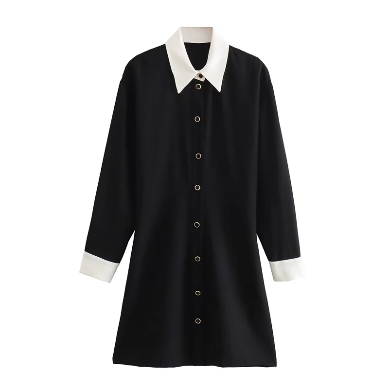 

YENKYE Autumn Women Patchwork Black Mini Shirt Dress Lapel Collar Elegant Ladies Office Dresses