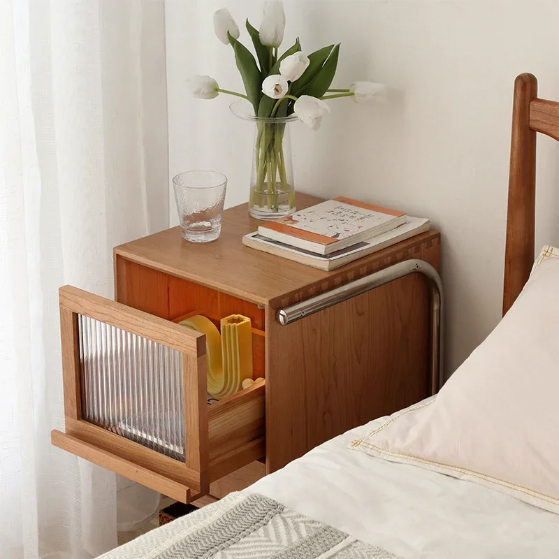 

Bedside Table Nordic Solid Wood Sofa Side Cabinet Japanese Style Cherrywood Bedroom Narrow Rattan Locker