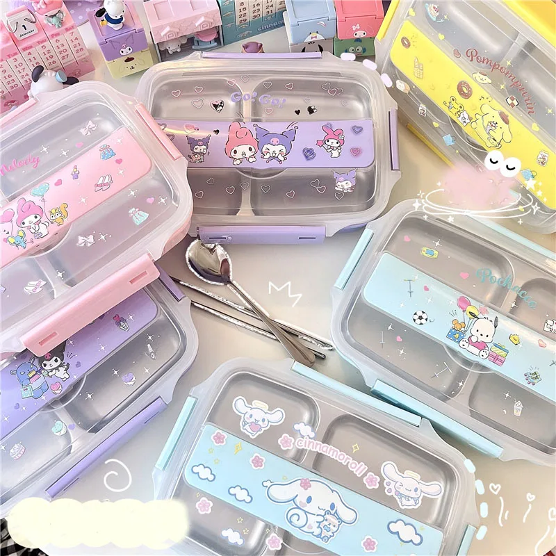 Girl Heart Sanrioed Kuromi Mymelody Kawaii Lunch Box Cartooncinnamoroll Student Children Stainless Steel Separate Lunch Box Gift