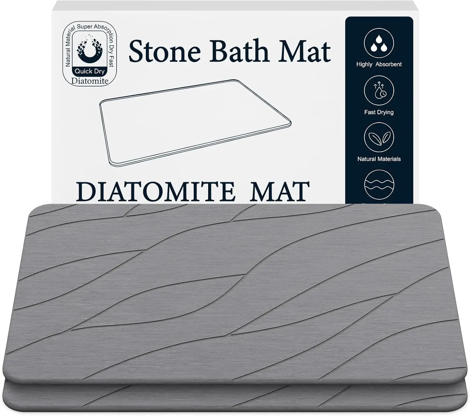 

Fast Drying Diatomite Bath Mat - Absorbent, Non-Slip Stone for Bathroom (Dark Grey, 2-Pack)