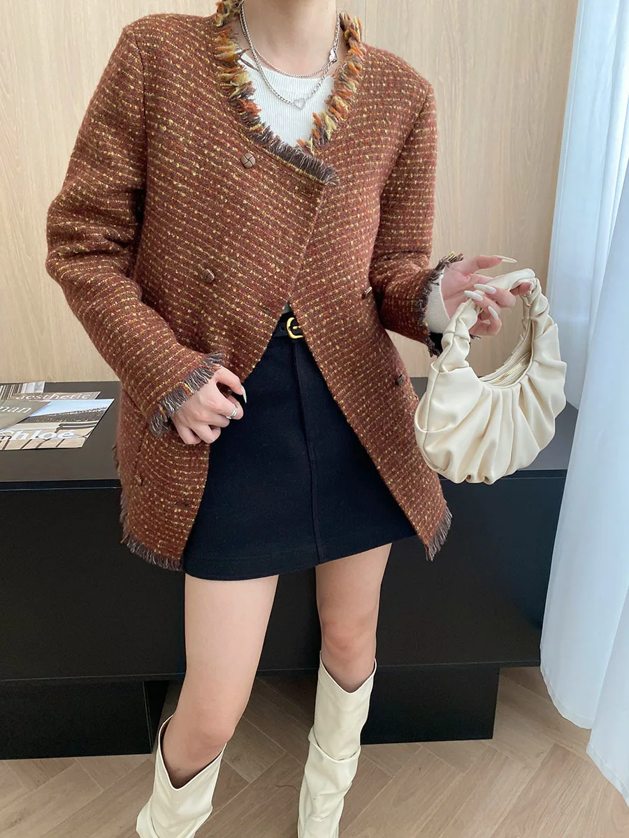 

Небольшая шерстяная шерстяная куртка ручной работы с кисточками и текстурированным круглым вырезом, маленькая шерстяная куртка в ароматном стиле