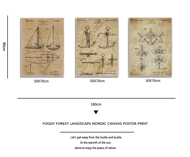 المراكب الشراعية براءات الاختراع طباعة Vintage المشارك بحار الهدايا ، يخت مرساة عجلة السفينة الإبحار مخطط بحري الرسم على لوحات القماش الجدارية #5