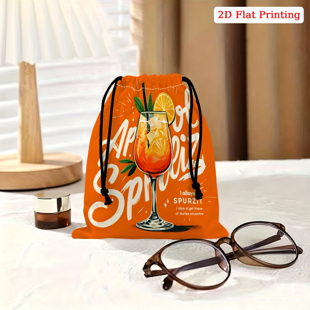 1pc Orange Aperol Spritz Cocktail Print Drawstring Bag Storage Small Pouch For Travel Cosmetics Accessories Organizer Gift