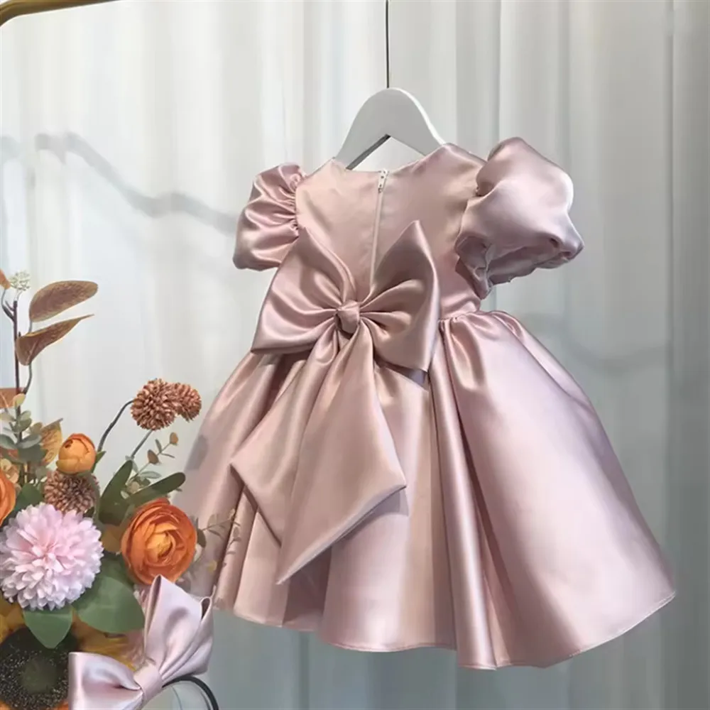 

Baby Girl Princess Pearl Beading Dress Bow Vestido Puff Sleeve Flower Girl Wedding Infant Toddler Child Birthday Party Dress