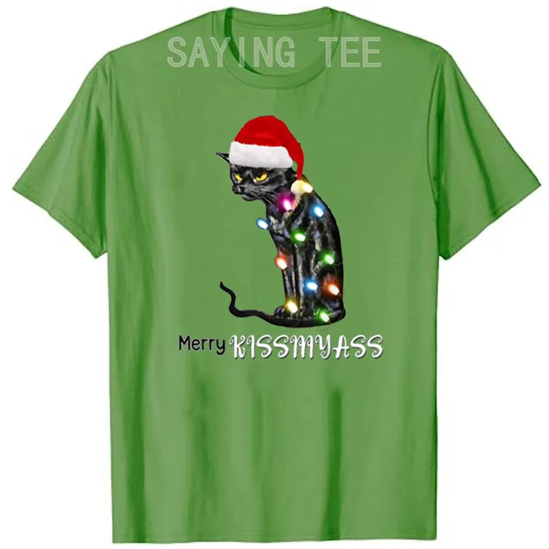 Merry Kissmyass Funny Cat Christmas Lights T-Shirt Xmas Costume Gifts Kitty Lover Graphic Outfits Cute Kitten Saying Tee Y2k Top