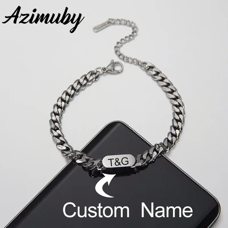 

Azimiby Stainless Steel Nameplate Bracelet Engraved Letter Fashion Initial Bracelet Cuban Chain For Men Women Jewelry Gift