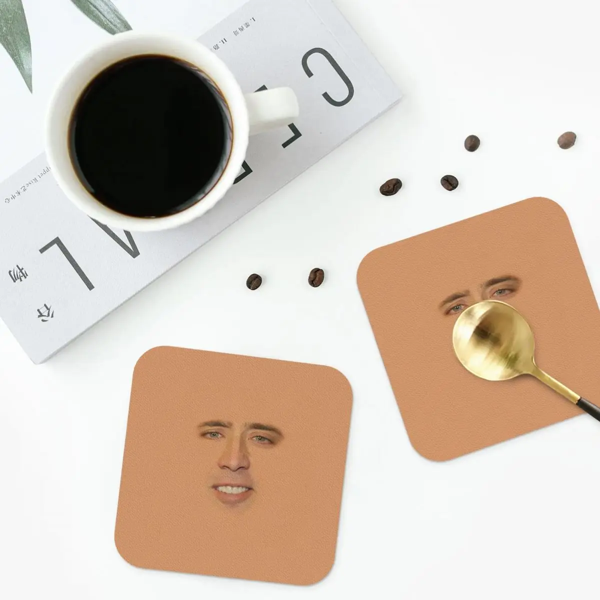 Nicholas Cage Coasters PVC Leather Placemats Waterproof Insulation Coffee Mats for Decor Home Kitchen Dining Pads Set of 4