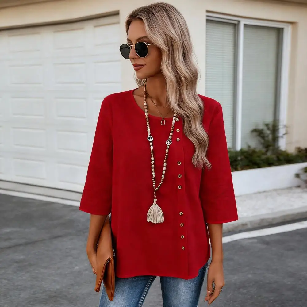 

Women Tops Women Blouse Women’s Round Neck T-shirt Loose Fit Half Sleeve Pullover Summer Top with Button Decor Wear Basic Tee
