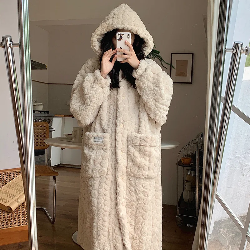 New Cute Womens Plush Soft Robe Fluffy Long Warm Fleece Bathrobe Winter Girls Sweet Fleece Robe Sleepwear Plush Thick Nightgown