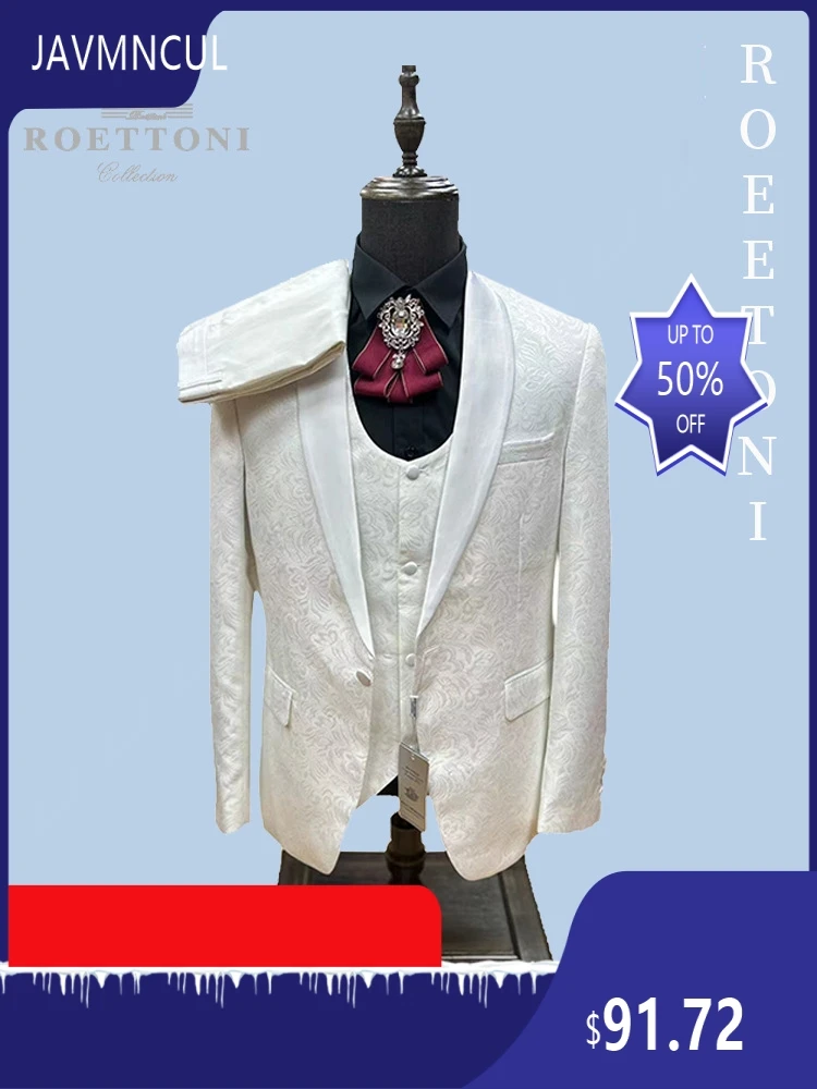 

Men's 3-Piece White Jacquard Suit, Slim Fit British Style Wedding Groom Party Formal Suit, Popular in Europe & US