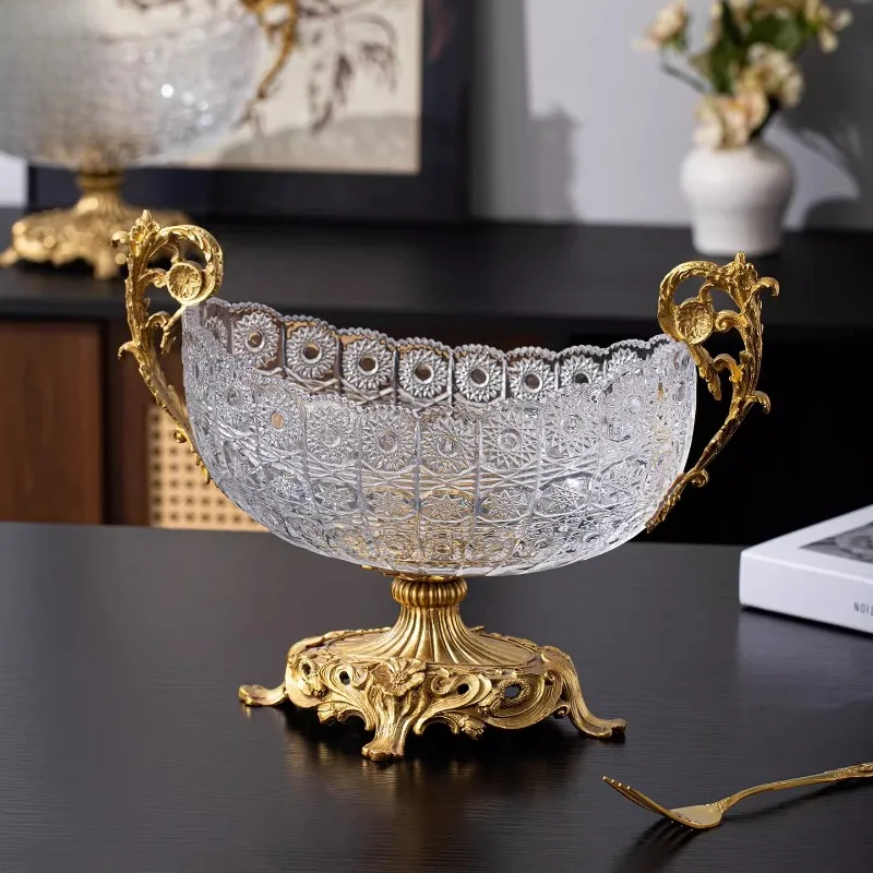 French home decoration high-grade copper inlaid crystal glass household fruit plate fruit storage old money style art ornament