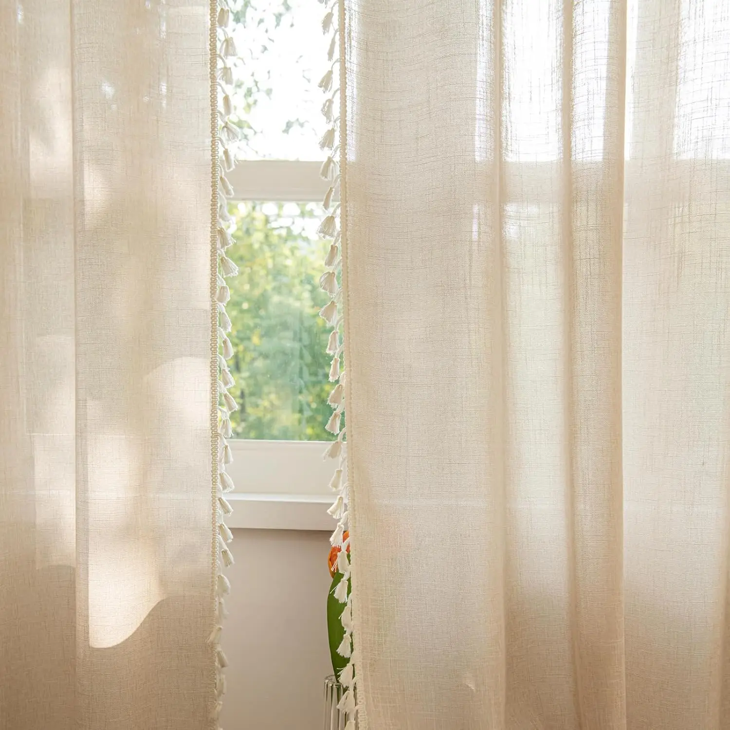 Boho Sheer Curtains 1 Panels 63 Inches Length for Kitchen, Vintage Bohemian Linen Textured French Country with Handmade Tassels