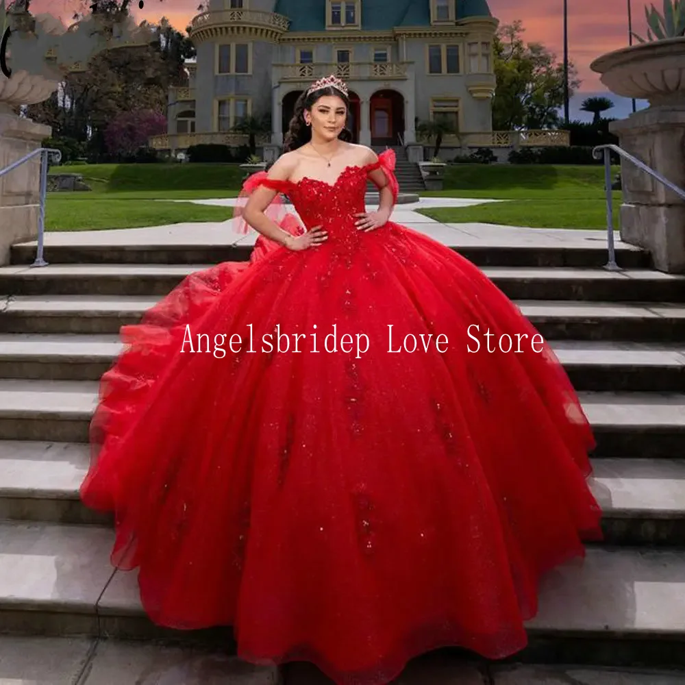 

Angelsbridep Glitter Red Ball Gown 15 Years Old Quinceanera Dresses Appliques Robes De Soiree Girls Birthday Evening Party Dress