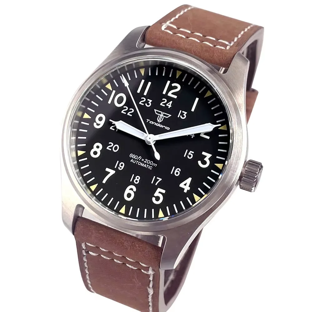 Tandorio Miyota 8215 Movement Series 39mm Pilot Set Sapphire Glass Retro Black Arabic 24-hour Numbers Automatic Mechanical Watch