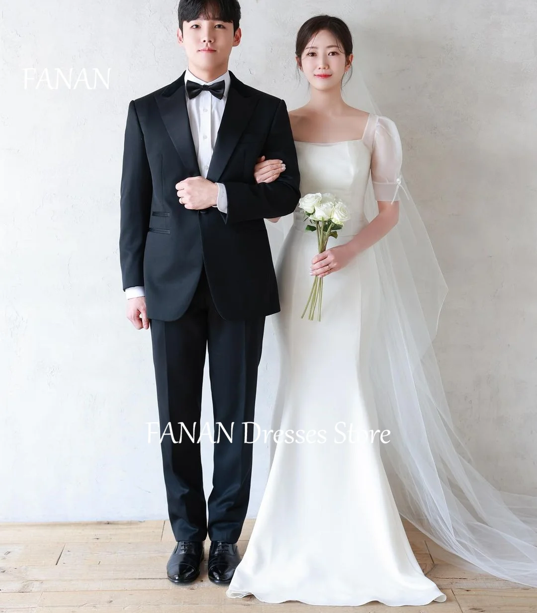 

FANAN Korea Square Collar Corset Wedding Dresses 웨딩드레스 Ivory Short Sleeves Mermaid Satin Custom Made Bride Gowns Plus Size