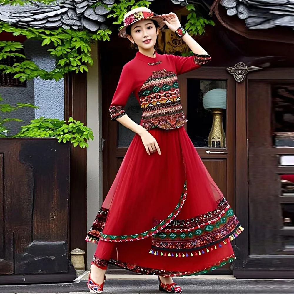 

Красный сетчатый костюм для выступлений для женщин, взрослая одежда национальных меньшинств, этническая одежда народности Чжуан из Гуанси, новинка