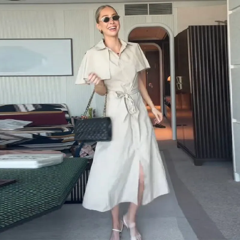 

Elegant Versatile Dress Chic Neutral Cape Sleeve Vintage Women's Dresses Commuter Summer Casual Street Female Office Outfit