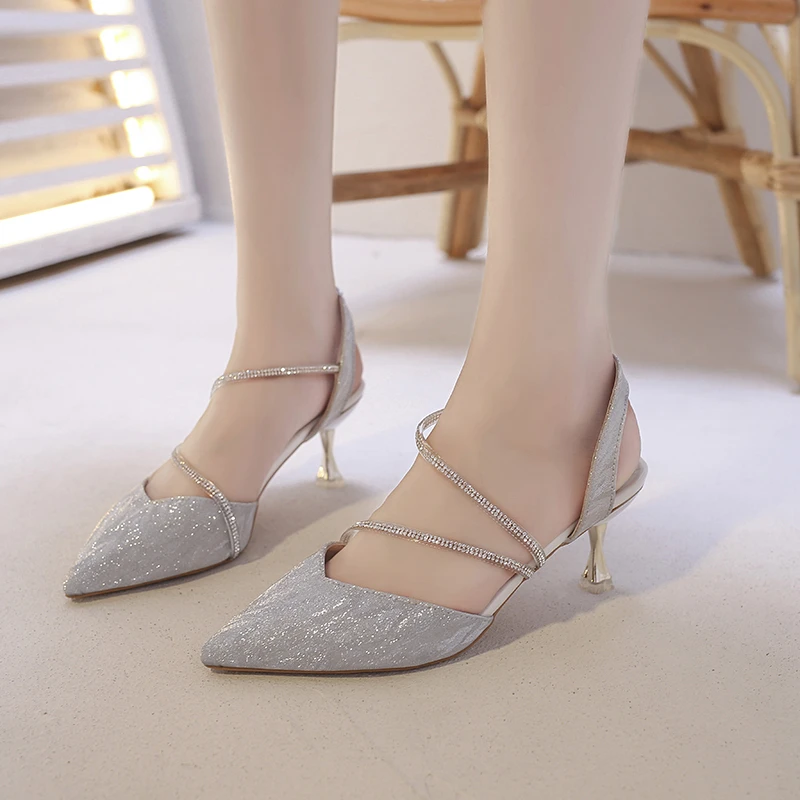 

Baotou Sandals Sexy High Heels Stiletto Heel Kitten Heel One Word Buckle Strap Bridesmaid Temperament Plus Size