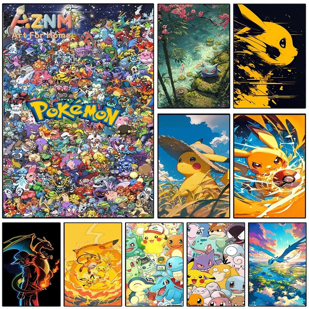 AZNM Mass Pokemon Characters Gathering Anime Canvas Wall Print, Game Art Poster, Unframed Canvas Painting for Kids Bedroom Gam