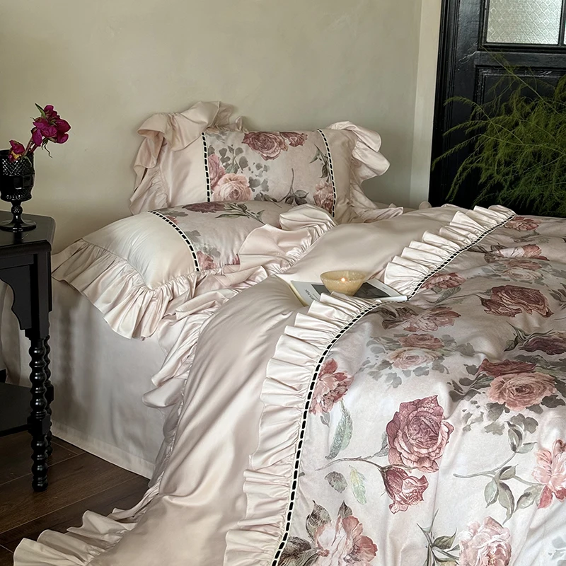 Vintage Elegant Flower Rose Ruffles Bedding Set Double Queen King Egyptian Cotton Home Textile Bed Sheet Pillowcases Duvet Cover
