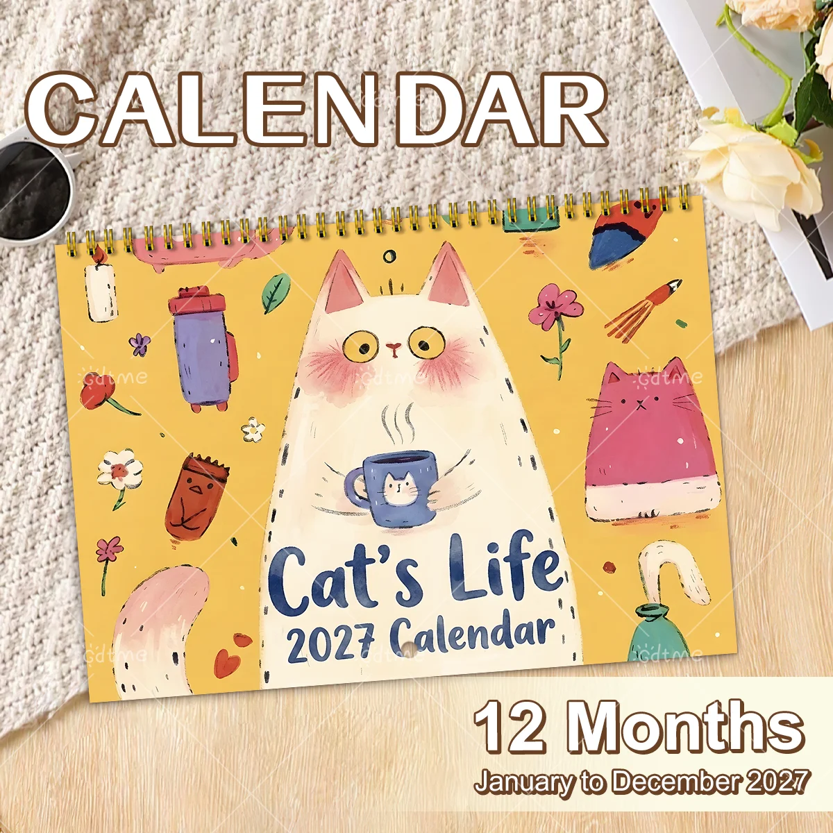 2027 Cat's Life Wall Calendar,Cute Watercolor Cat Illustrations,12 Monthly Planner,Spiral Binding,Home Decor Gift for Cat Lovers