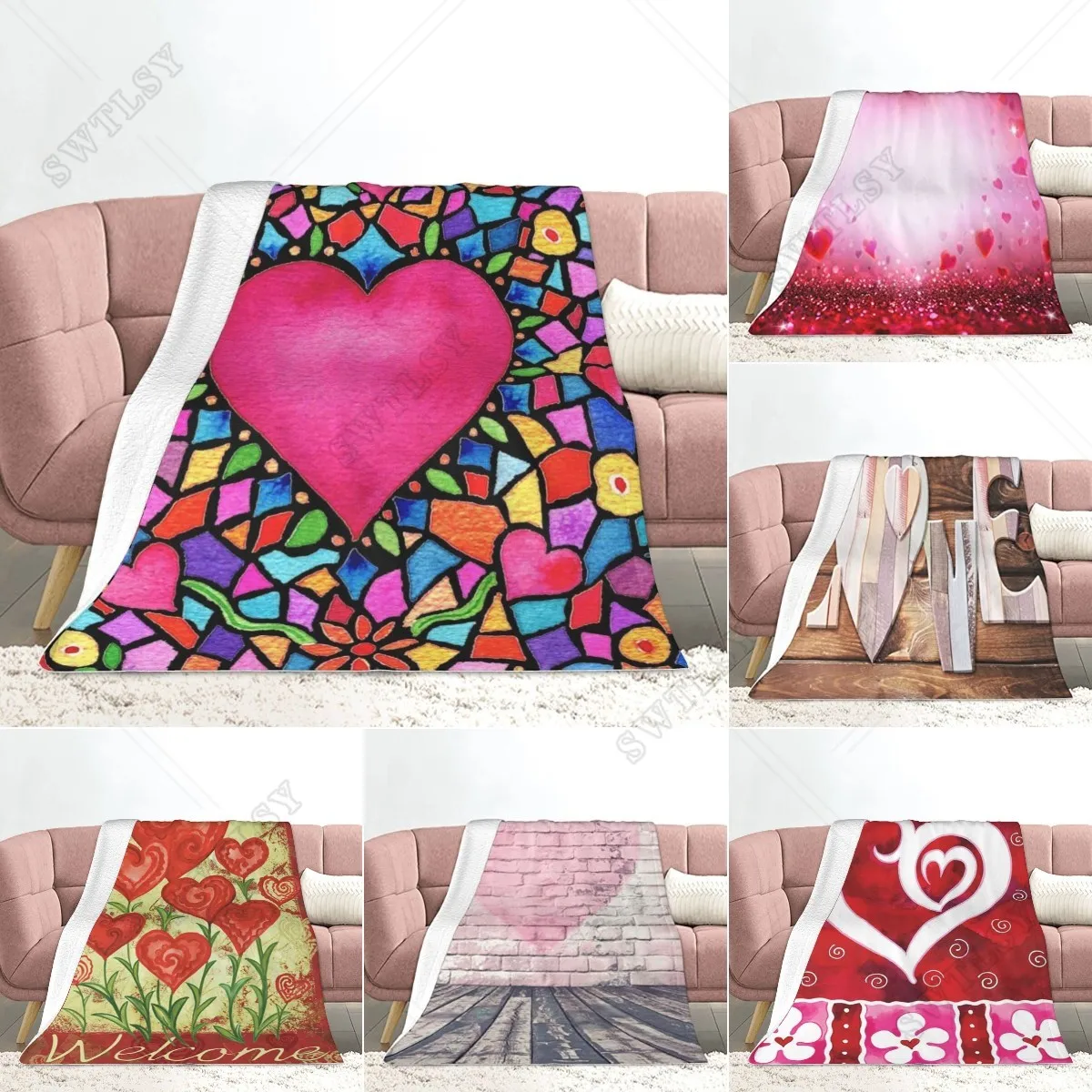 Love Flannel Throw Blanket Heart Shaped Romantic Theme Blanket Warm Soft Lightweight King Queen Size for Couch Sofa Bed Blanket