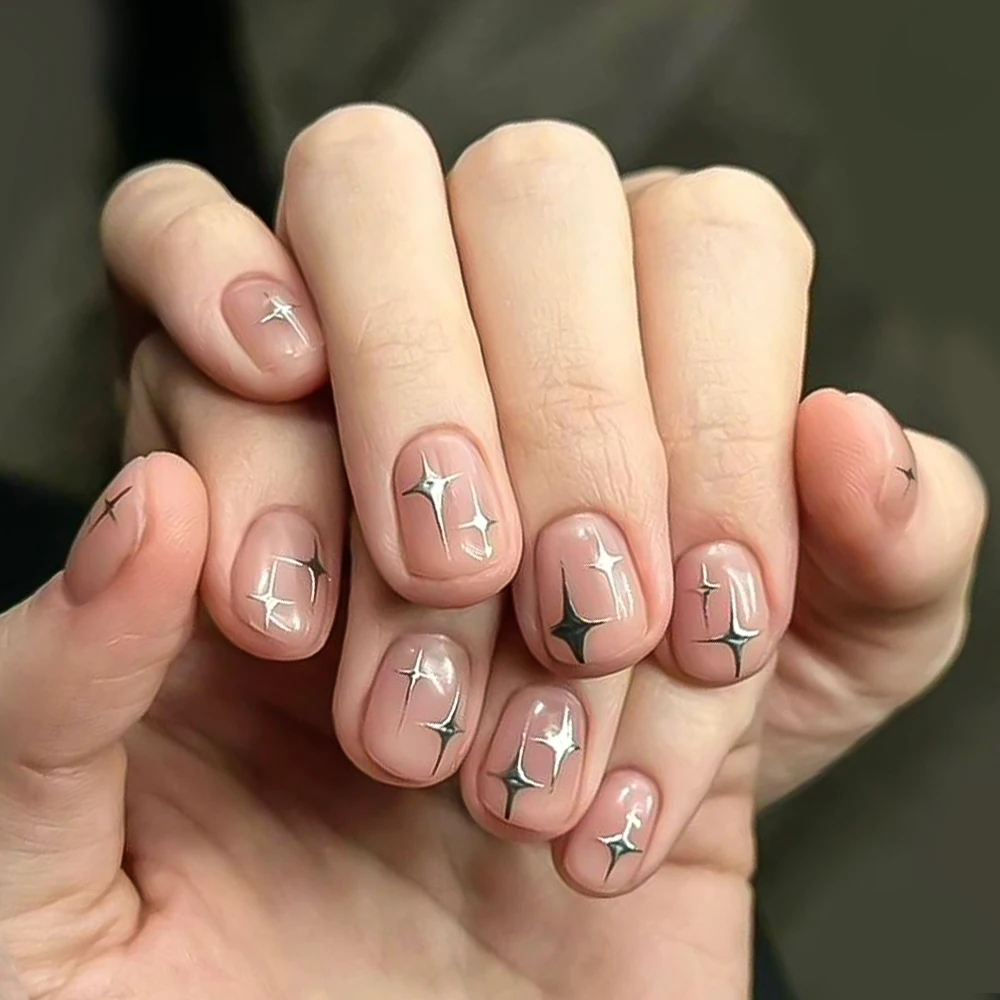 8개입 Y2K 메탈 실버 골드 스타 네일 스티커 3D 브론징 반짝이는 별빛 오각별 하트 디자인 네일 데칼 매니큐어 장식