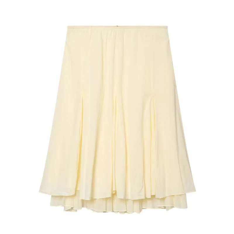 Women's Double-Layer Midi Skirt New 2026 Spring Mid Waist Pocket Elegant Elastic Waist Women Skirts Female Chic Skirts