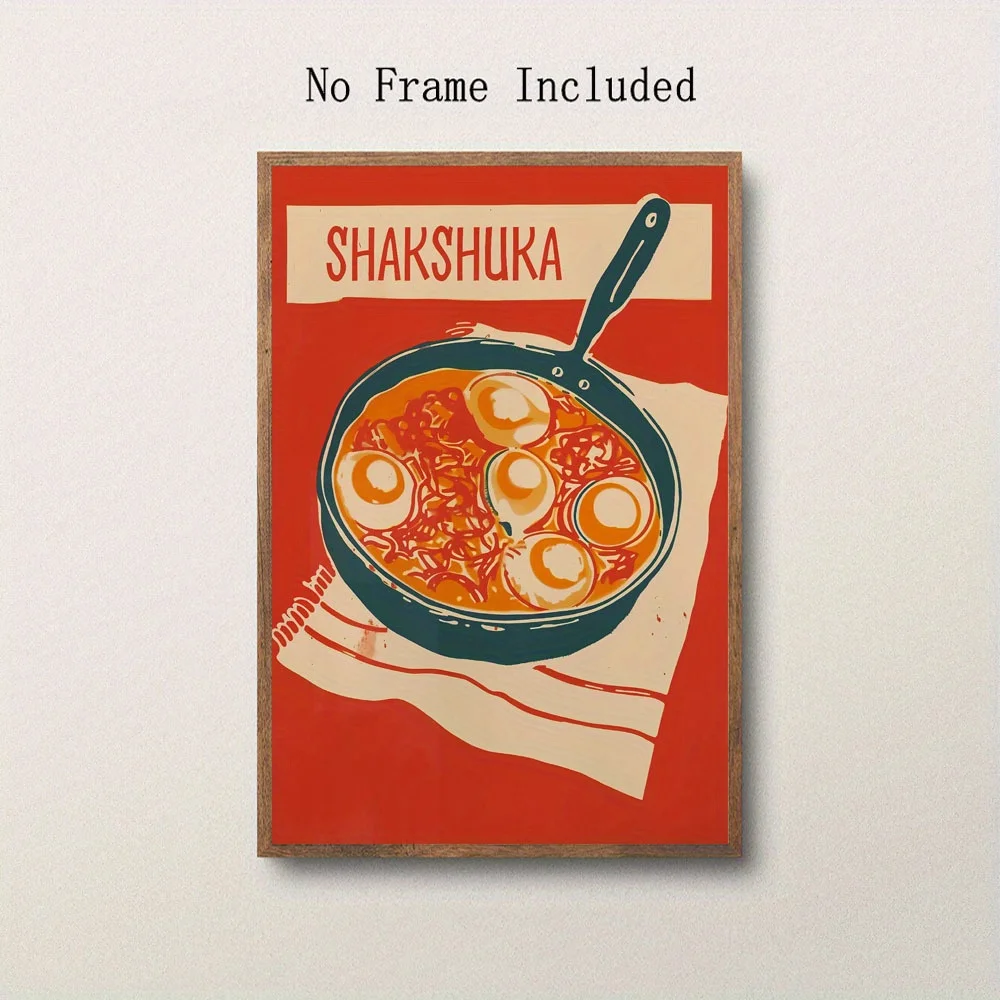 1pc Modern Minimalist Shakshuka Poster - Israeli Breakfast Dish Wall Art Print - Red Kitchen Decor with Cookware Motif - Unfr