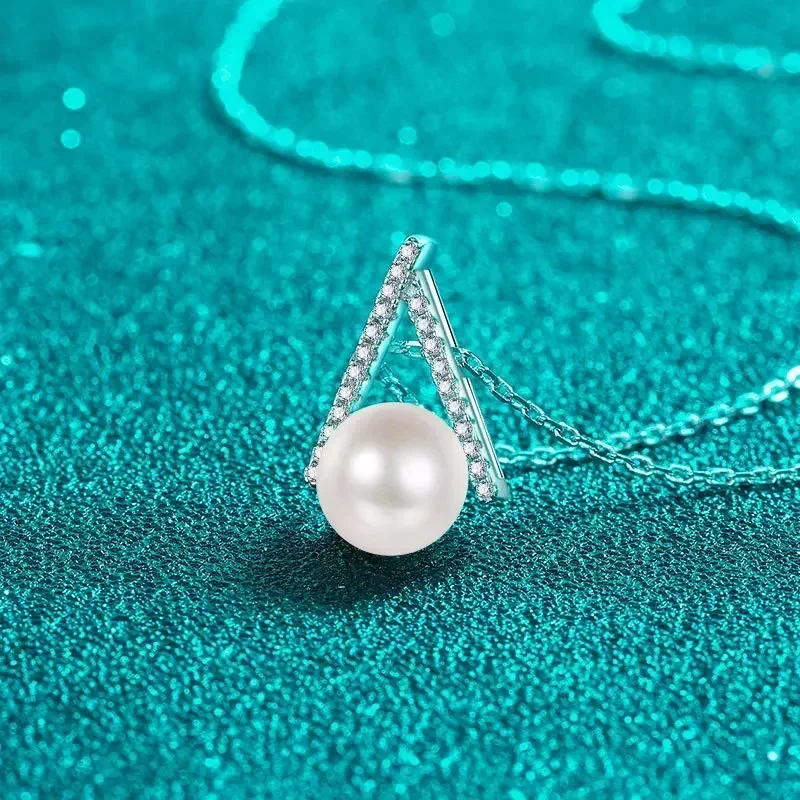 Reverse V 0.11ct Real Moissanite Necklace for Women,Classic PT950 Platinum Chain 8mm Pearl Pendant Natural Freshwater Wedding