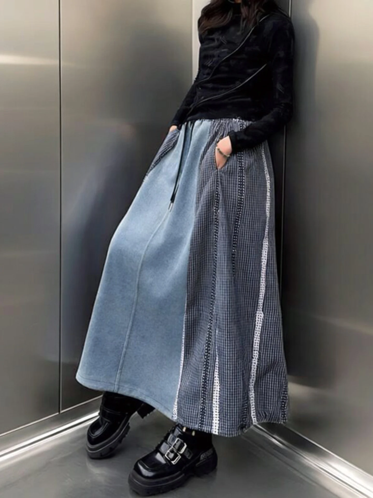 Retro Color Block Denim Plaid A-Line  Skirt Women's Loose Fit Elastic Waist Long Skirt Autumn Season Fashion Trend