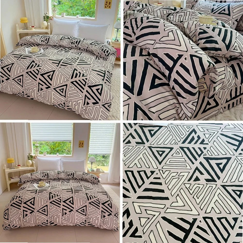 1PC Beige Geometric Triangle Print Duvet Cover, Black & White Pattern Bedding for Modern Minimalist Bedroom Decor