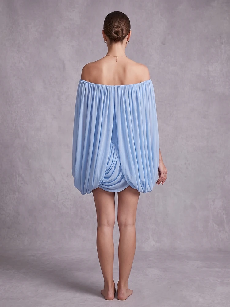 Light Blue Off‑Shoulder Mini Evening Dress Draped Flutter Sleeve Ruched Mesh Fabric Twisted Hem Short Cocktail Homecoming  Dress