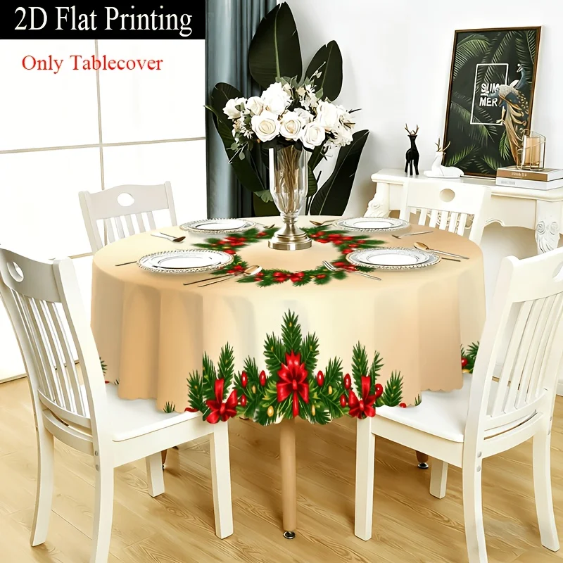 1 piece 2D flat trimmed tablecloth, Christmas pine wreath and flower chain trim design, holiday table cover