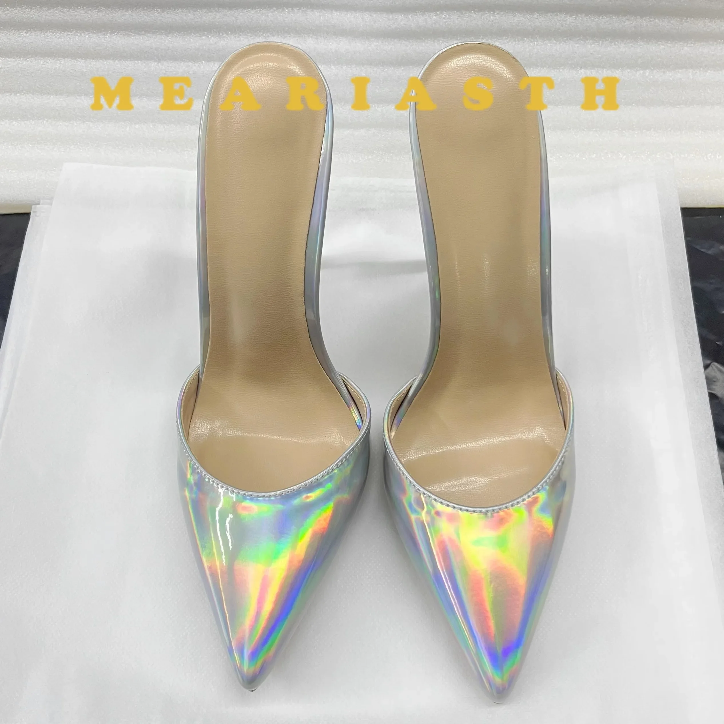 

Большие размеры 44, новые пикантные летние тапочки на высоком каблуке 12 см/10 см, женские шлепанцы с острым носком, туфли на шпильке с перекрестным комодом SM