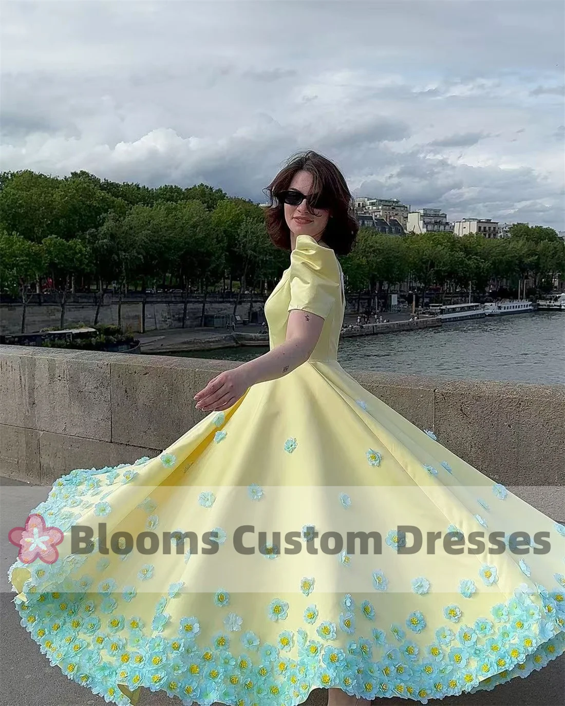 Blooms Short Sleeves Prom Dresses Flowers A-Line Customized Sweet Evening Dress 2024 Wedding Guest Formal Party Gown