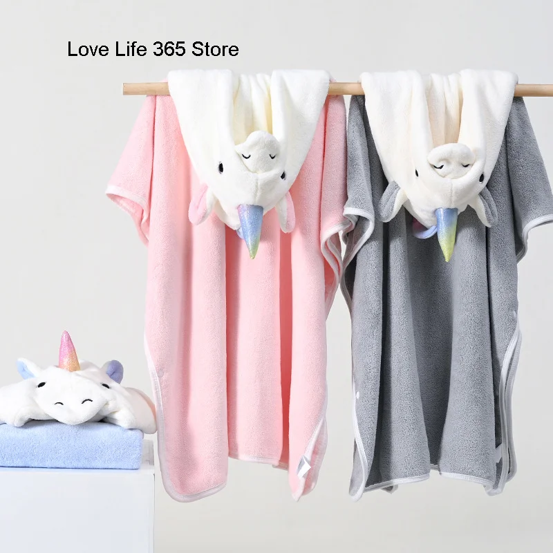 Unicorn Coral Fleece Absorbent Hooded Cloak Bathrobe Bath Towels Cute Children Newborn Baby Super Soft Can Be Worn Blanket