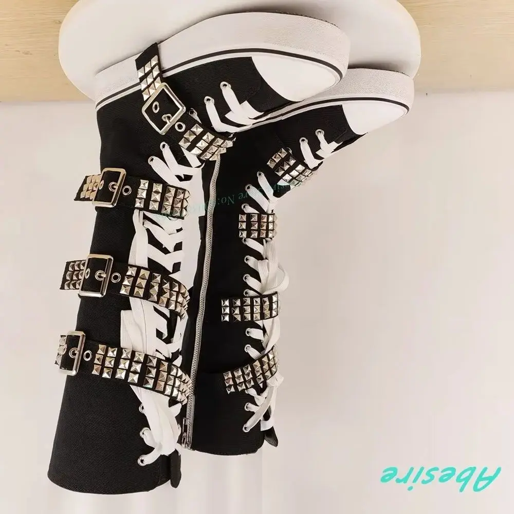 Punk Rivet Patchwork Multi-Buckle Knee High Boots Round Toe Platform Zipper Shoes for Women Rock Music Festival Fashion Shoes