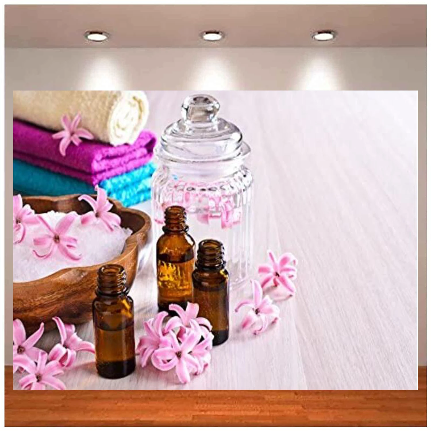 

SPA Party Photography Backdrop Female Saloon Lady Club Background Towel Jar Pink Flower Petal Salt Wood Texture Women's Party