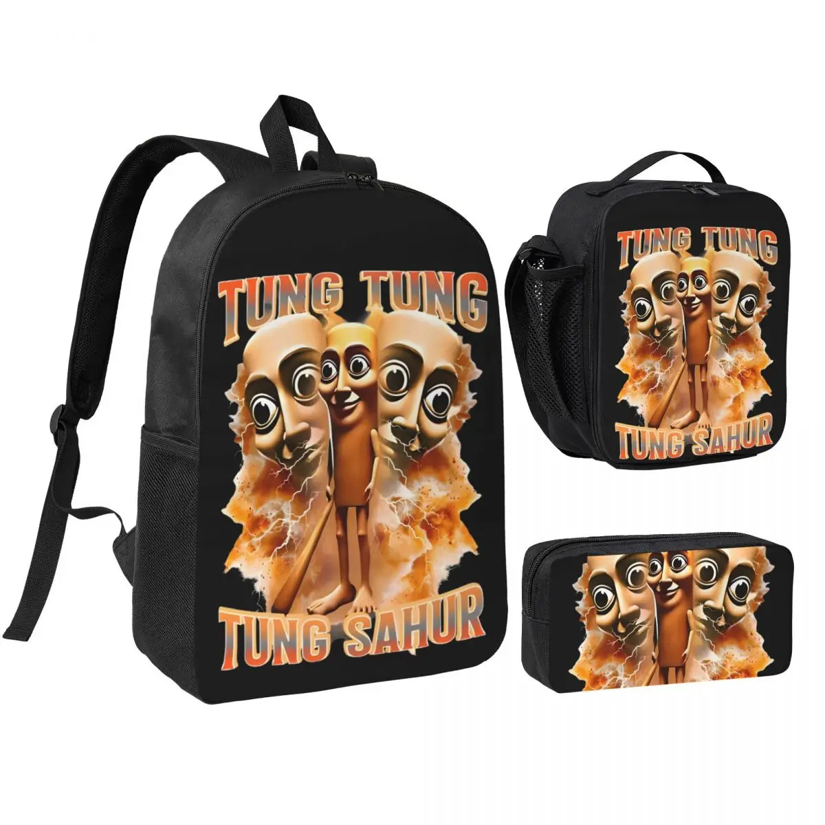 Tung Tung Tung Sahur 3pecs/set Backpack for Student Italian Brainrot Meme Daypack Lunch bag Pencil Case
