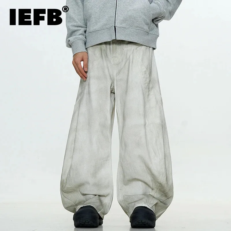 IEFB American Style Men's Denim Pants Casual Splotch Washing Gradient Color Deconstruction Straight Wide Leg Male Trousers 9W236