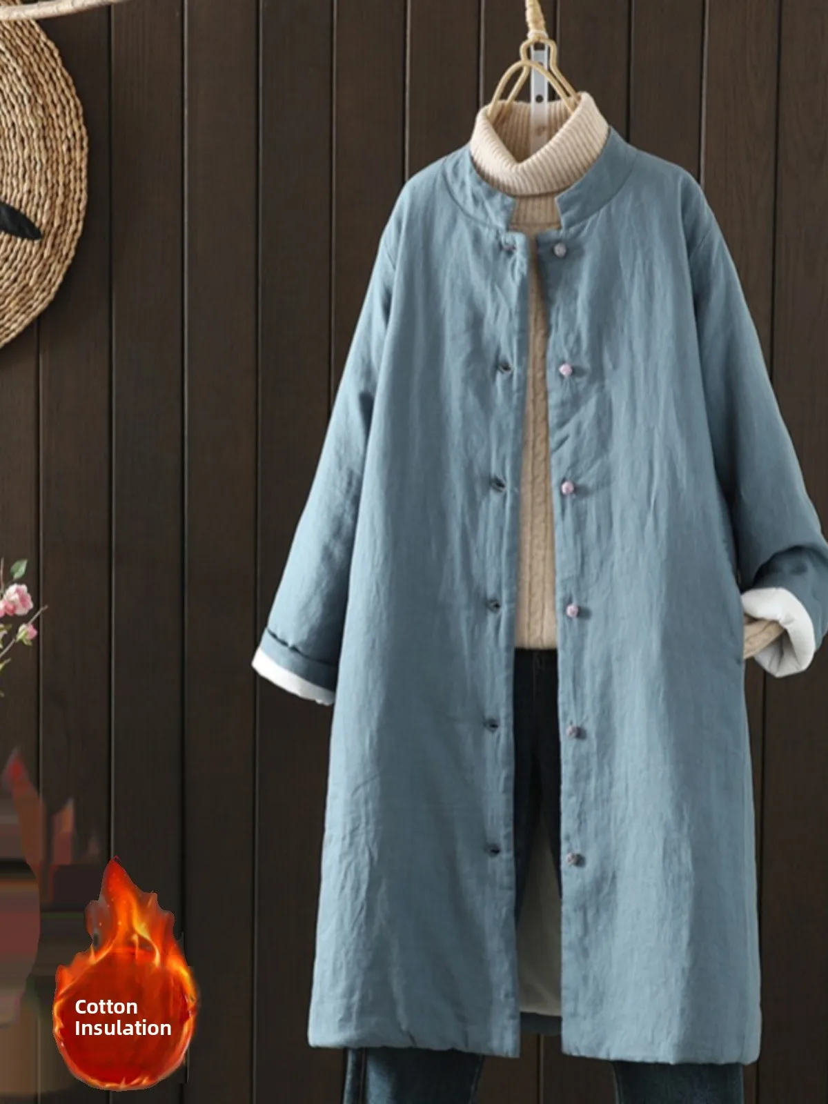 

Новое китайское льняное хлопковое джинсовое женское осенне-зимнее свободное теплое хлопковое пальто средней длины с воротником-стойкой и пуговицами