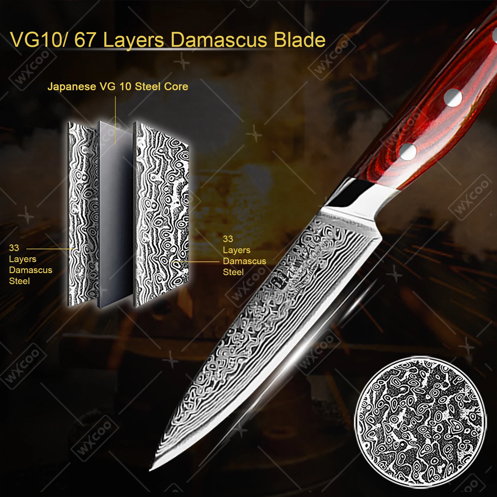 TAMZUO 5Inch Utility Fruit Knife Japanese Chef Knife 67-layer Damascus Steel Kitchen Knife Meat Cleaver Slicing Wooden Handle