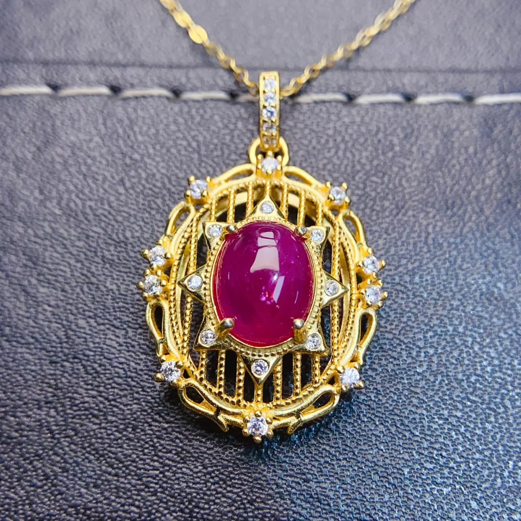 Heated Natural Ruby Necklace, S925 Silver Gold Plated Setting 8x10mm Main Stone, Elegant Gemstone Jewelry Gift for Women