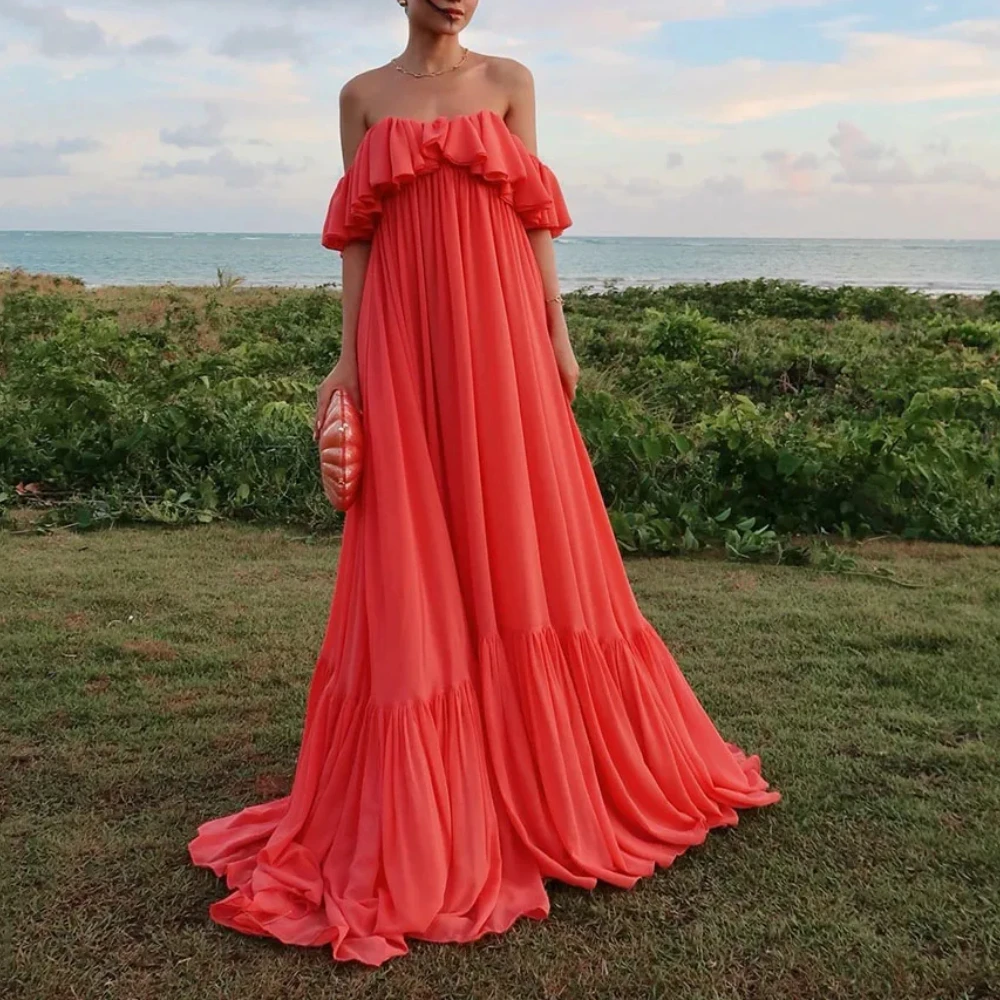 

Elegant Ruffle Chiffon Dress Off The Shoulder Floor Length Prom Dress Beach Party Gown Summer Vacation Dress