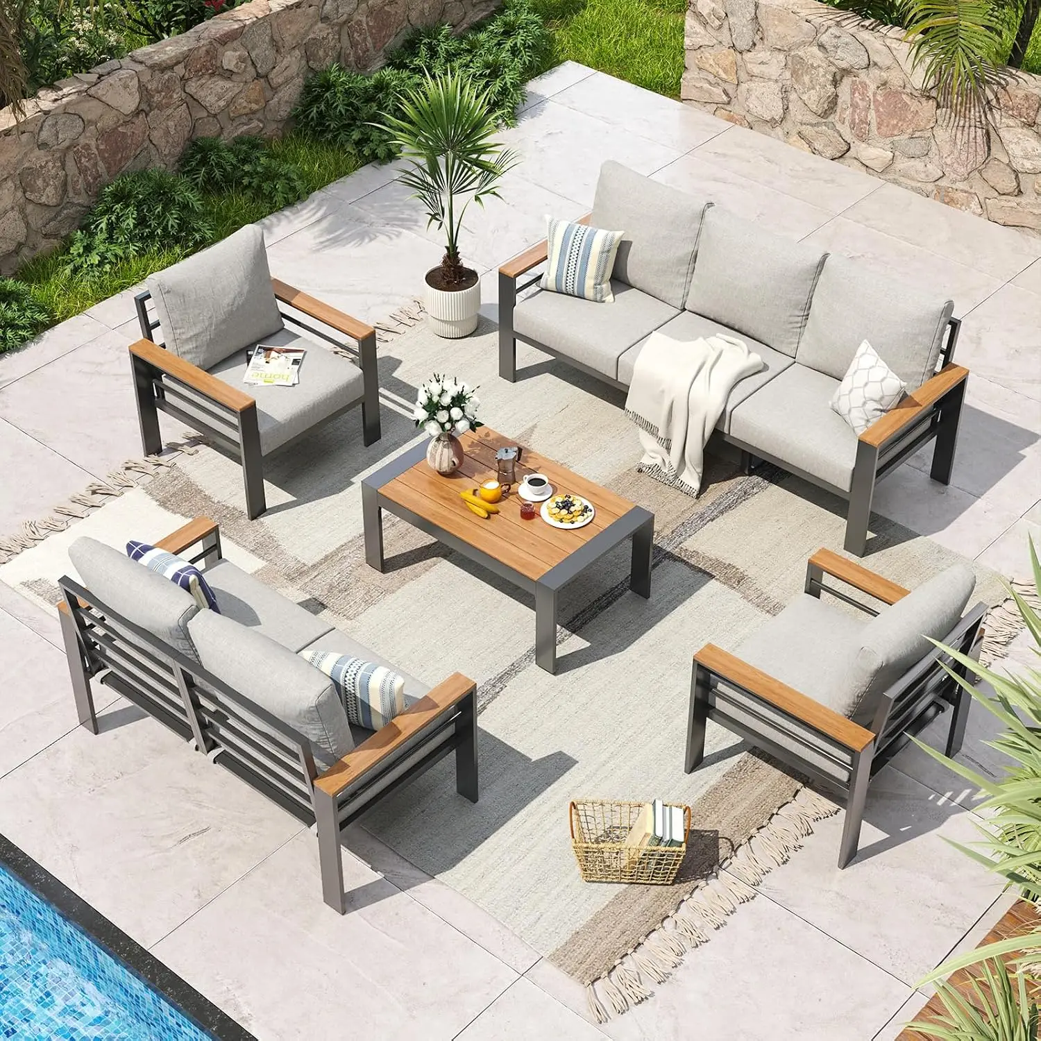 Aluminum Patio Furniture 7 Seats Oversized Outdoor Sectional Washable Cushions Coffee Table for Porch Balcony Deck, Customized