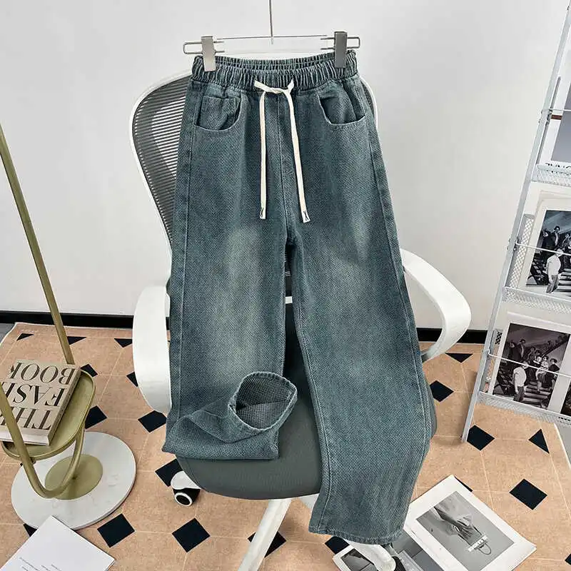 

Retro Washed Drawstring Denim Jeans Men's Casual Straight Leg Loose Wide Leg Long Trousers American Style Starry Night Pattern