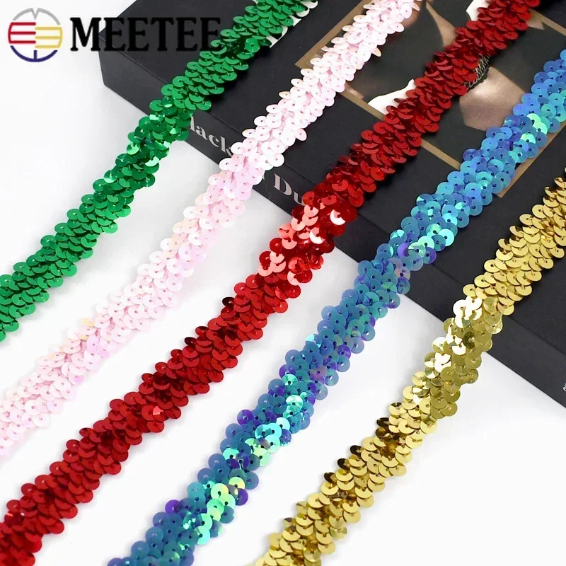 5/10/25M Meetee 2cm Sequin Bead Lace Trim Elastic Band Sewing Clothes Strech Ribbon for Latin Dance Skirt Fabric DIY Accessories